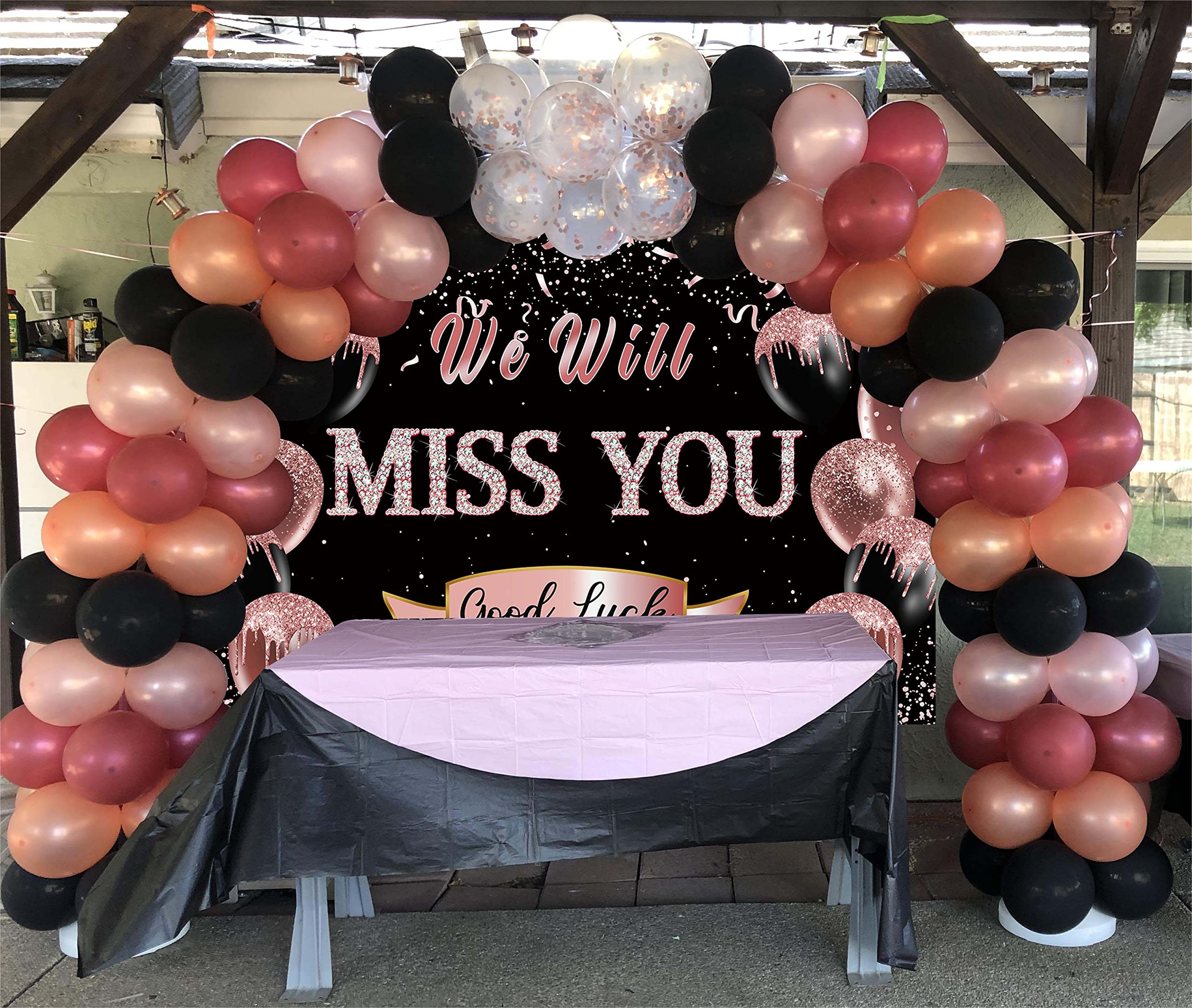 Retirement Farewell Party Backdrop We Will Miss You Rose Gold Glitter Balloon Photography Background Goodbye Going Away Retirement Bye Office Work Graduation Party Decoration 7x5FT