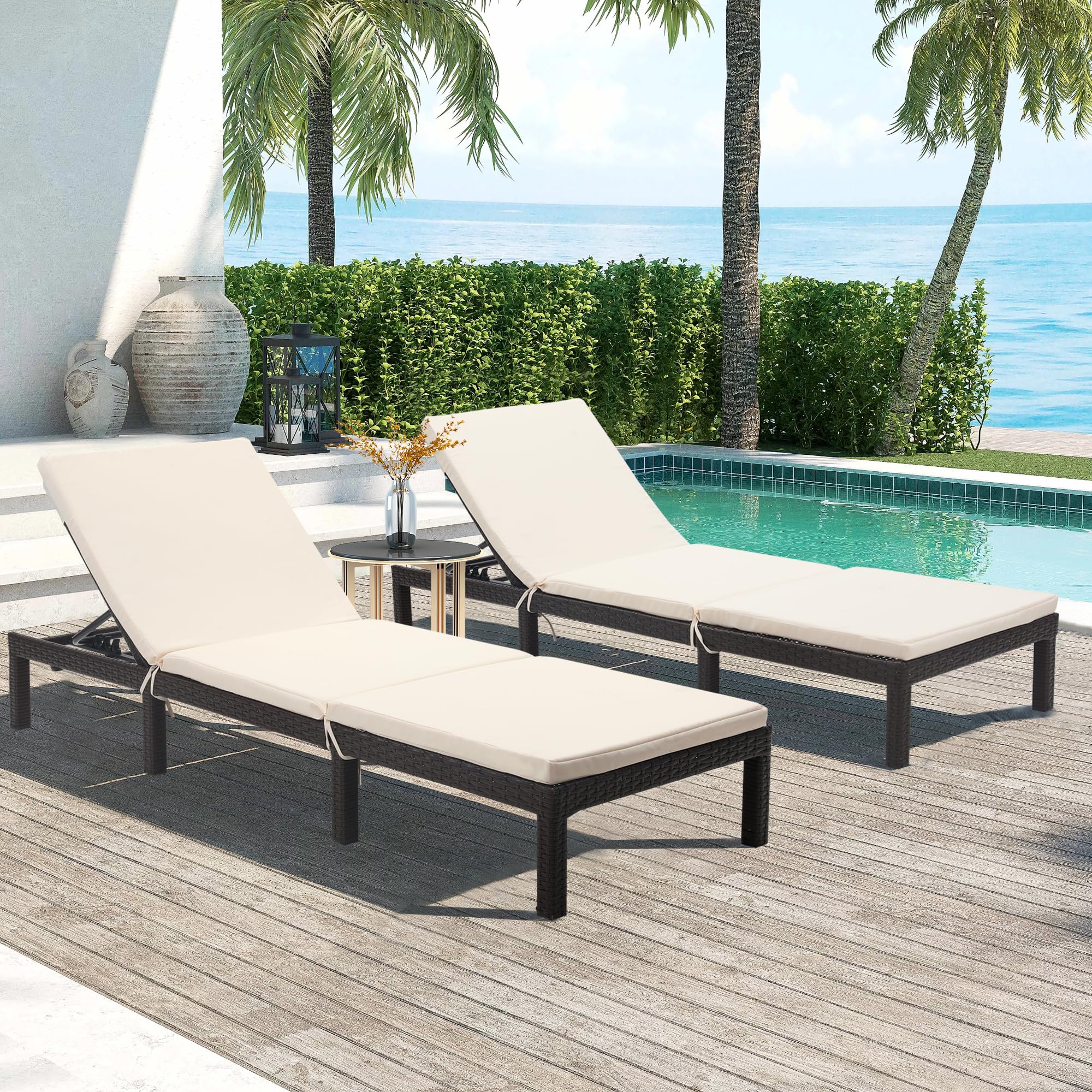 vonGarten Lounge Chairs for Outside, Outdoor Rattan Wicker Chaise Lounge with Cushion, Adjustable Backrest, Ideal for Pool, Patio, Deck, Cream Cushion and Brown Color Wicker