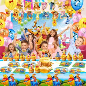 Winnie The Pooh Birthday Party Supplies, Include Banner, Background, Hanging Swirls Decorations, Latex Balloons, Plates, Cutlery, Napkins,Great Birthday and Baby Shower Tableware and Decorations Set