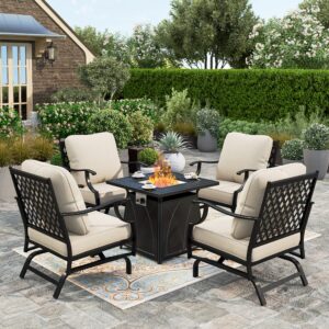 hera's house 5 pieces patio furniture set with fire pit table, 4 x thick cushioned rocking chairs, 1 x 28 fire pit table (50,000 btu), outdoor conversation set for garden, backyard, lawn