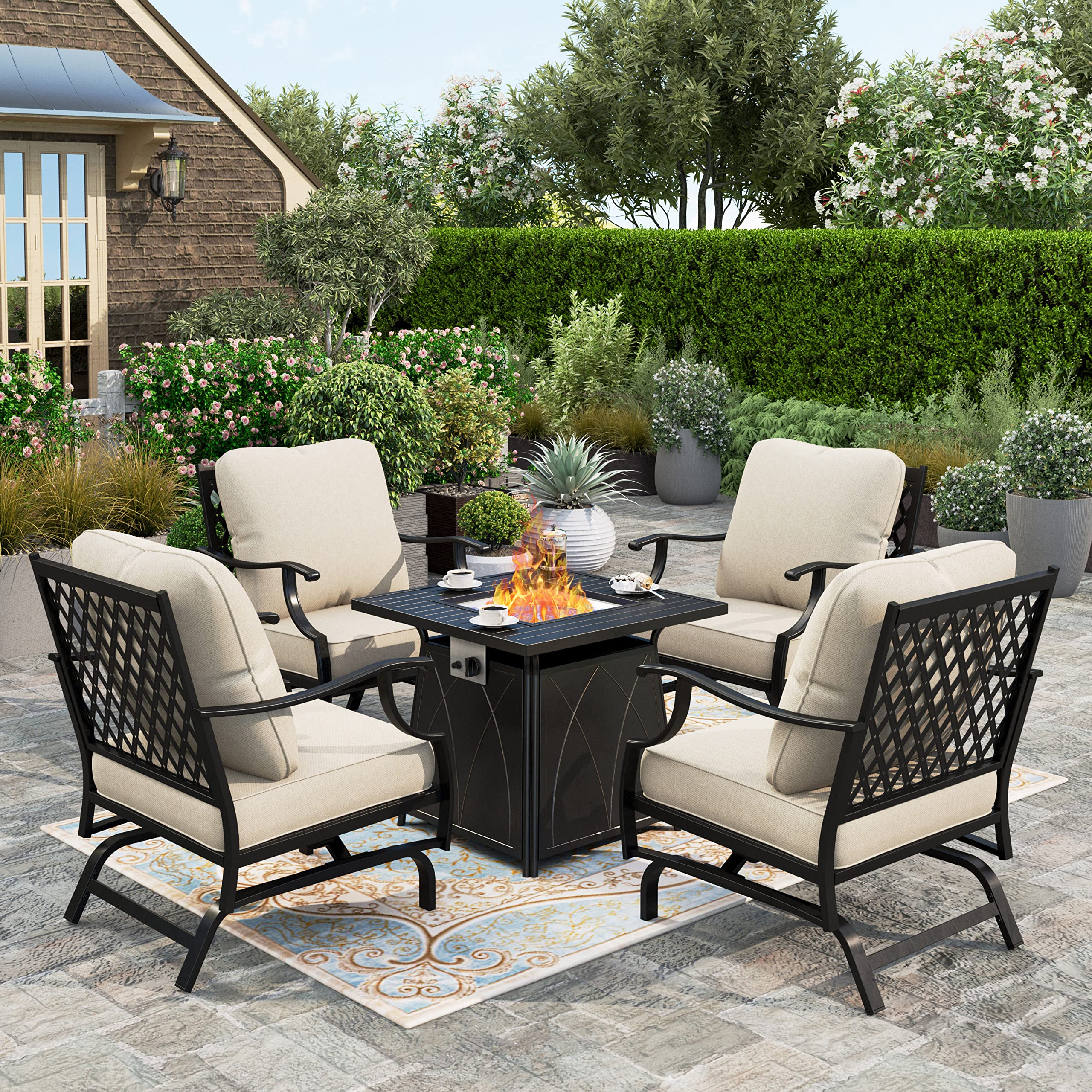 HERA'S HOUSE 5 Pieces Patio Furniture Set with Fire Pit Table, 4 x Thick Cushioned Rocking Chairs, 1 x 28 Fire Pit Table (50,000 BTU), Outdoor Conversation Set for Garden, Backyard, Lawn