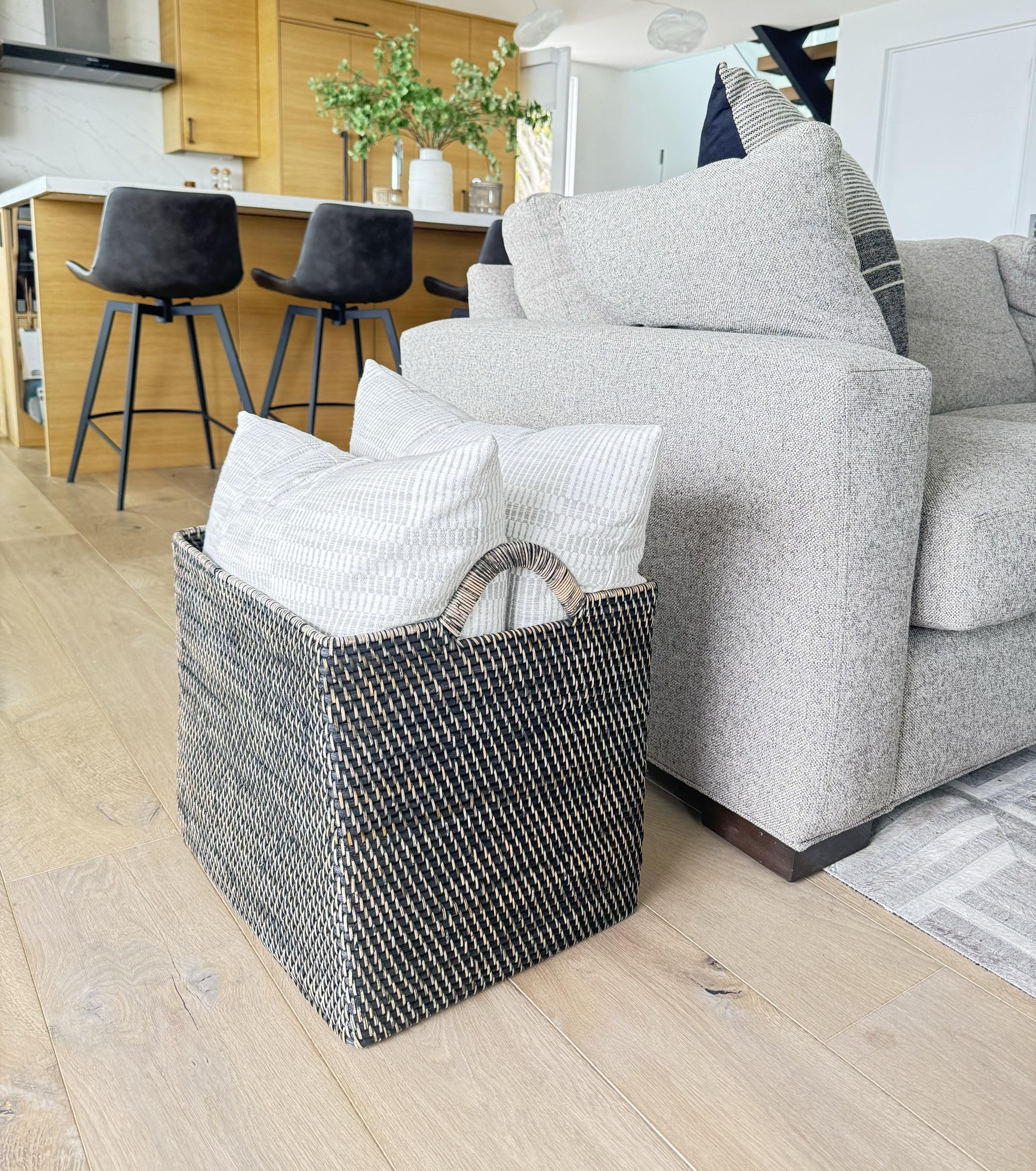 Loma Rectangular Rattan Storage Basket with Handles - Large - Black-Wash - Coastal-Inspired Handwoven Rattan Basket for Home Organization & Décor