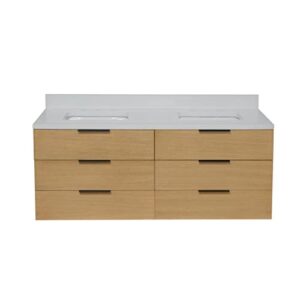 Kitchen Bath Collection Oslo 60-inch Floating Wall-Mounted Double Bathroom Vanity: Includes Blonde Wood Cabinet with Matte White Countertop and White Ceramic Sink