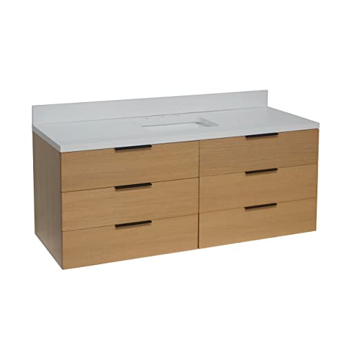 Kitchen Bath Collection Oslo 60-inch Floating Wall-Mounted Single Bathroom Vanity: Includes Blonde Wood Cabinet with Matte White Countertop and White Ceramic Sink