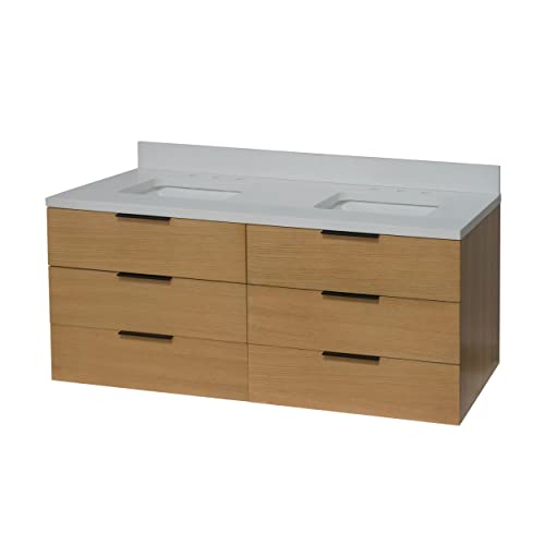 Kitchen Bath Collection Oslo 60-inch Floating Wall-Mounted Double Bathroom Vanity: Includes Blonde Wood Cabinet with Matte White Countertop and White Ceramic Sink