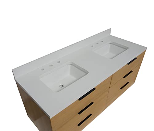 Kitchen Bath Collection Oslo 60-inch Floating Wall-Mounted Double Bathroom Vanity: Includes Blonde Wood Cabinet with Matte White Countertop and White Ceramic Sink