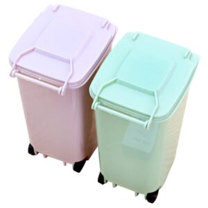 tofficu small waste basket 2pcs mini curbside garbage trash bin with wheels lid pen holder tiny recycle can pencil cup desktop organizer for bedroom office desktop car green pink