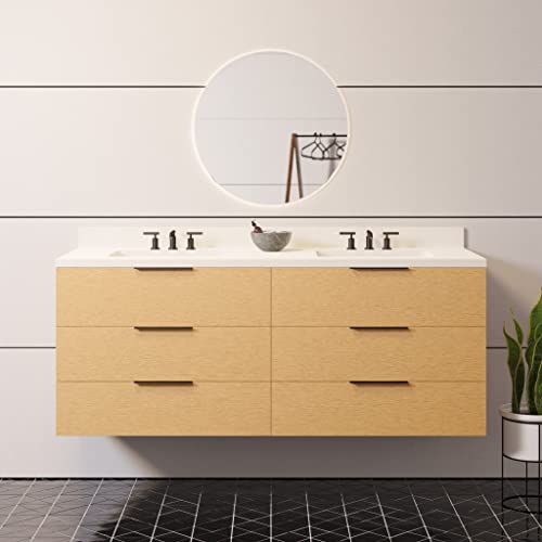 Kitchen Bath Collection Oslo 60-inch Floating Wall-Mounted Double Bathroom Vanity: Includes Blonde Wood Cabinet with Matte White Countertop and White Ceramic Sink