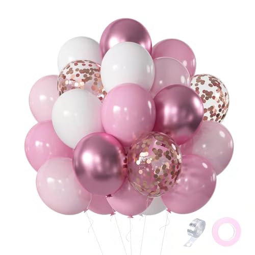 Pink White Rose Party Balloons, 60pcs 12 inch Pink White Rose Gold Confetti Balloons Kit, Pink White Chrome Rose Latex Balloons for Birthday, Wedding, Baby Shower, Graduation Decorations