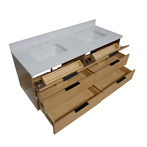 Kitchen Bath Collection Oslo 60-inch Floating Wall-Mounted Double Bathroom Vanity: Includes Blonde Wood Cabinet with Matte White Countertop and White Ceramic Sink