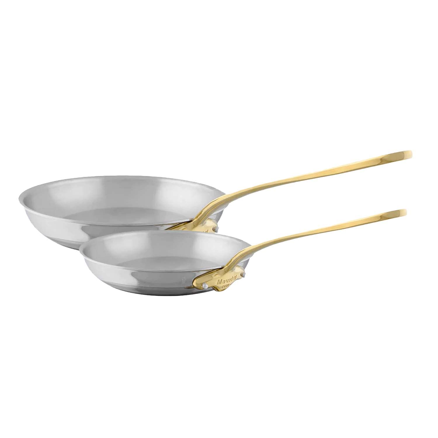 Mauviel M'Cook B 5-Ply Polished Stainless Steel 2-Piece Frying Pan Set With Brass Handles, Made In France