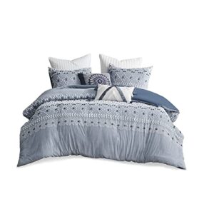 ink+ivy dora organic cotton duvet set, chambray with textured clipped yarns and tufted geometric design, breathable, all season boho bedding, matching shams, king/cal king(104"x92") blue 3 piece