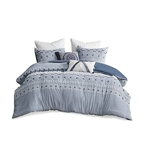 INK+IVY Dora Organic Cotton Duvet Set, Chambray with Textured Clipped Yarns and Tufted Geometric Design, Breathable, All Season Boho Bedding, Matching Shams, King/Cal King(104"x92") Blue 3 Piece