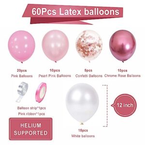 Pink White Rose Party Balloons, 60pcs 12 inch Pink White Rose Gold Confetti Balloons Kit, Pink White Chrome Rose Latex Balloons for Birthday, Wedding, Baby Shower, Graduation Decorations