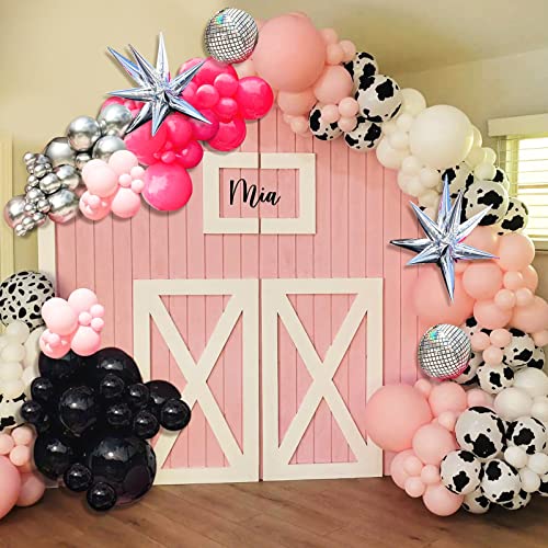 Western Cowgirl Balloon Garland Decorations, 98pcs Hot Pink Rose Red Silver Star Cow Balloon Arch with 4D Disco Ball for Bachelorette Party, 80s 90s Disco Party Birthday Baby Shower Decor