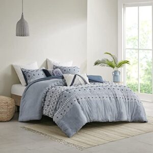 INK+IVY Dora Organic Cotton Duvet Set, Chambray with Textured Clipped Yarns and Tufted Geometric Design, Breathable, All Season Boho Bedding, Matching Shams, King/Cal King(104"x92") Blue 3 Piece