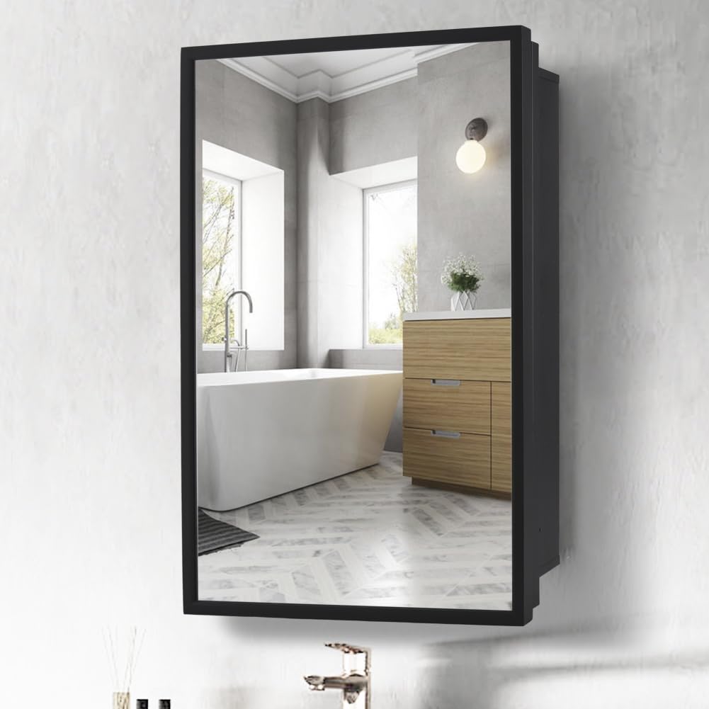 Movo 20 inch x 26 inch Medicine Cabinet Mirror,Black Mirror Medicine cabinets for Bathroom, Recessed or Surface Mount Bathroom Medicine Cabinet with Beveled Mirror