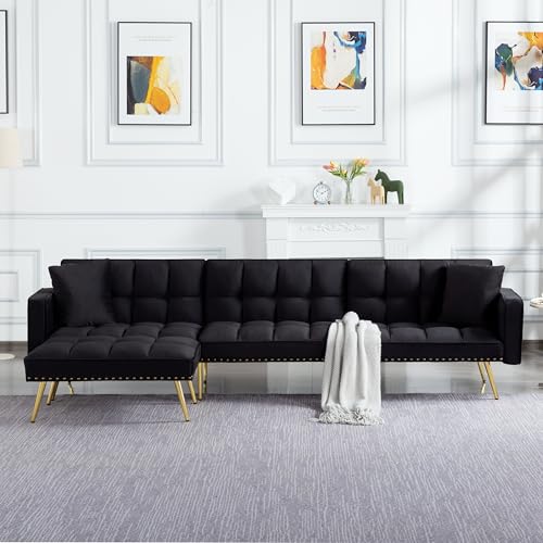 ERYE L-Shaped Tufted Corner Sectional Sofa Convertible Sleeper Couch Bed with Reversible Chaise Lounge,Pillows,Movable Ottoman & Nailhead Decor for Living Room