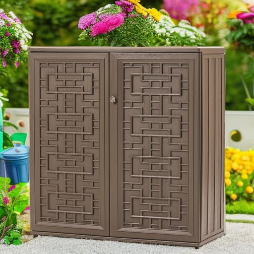 KINYING Outdoor Storage Cabinet Waterproof, Resin 60 Gallon Deck Box for Patio Furniture Cushions, Garden Tools, Pool Tools and Kids’ Toys (Dark Brown with 1 Shelving)