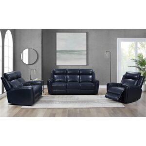 BOWERY HILL Modern Geuine Leather & Hardwood Sofa in Blue Finish