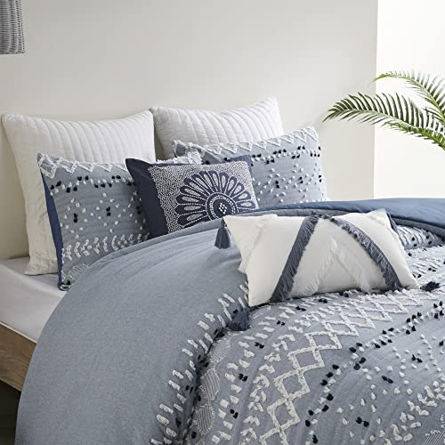 INK+IVY Dora Organic Cotton Duvet Set, Chambray with Textured Clipped Yarns and Tufted Geometric Design, Breathable, All Season Boho Bedding, Matching Shams, King/Cal King(104"x92") Blue 3 Piece