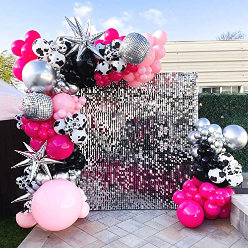 Western Cowgirl Balloon Garland Decorations, 98pcs Hot Pink Rose Red Silver Star Cow Balloon Arch with 4D Disco Ball for Bachelorette Party, 80s 90s Disco Party Birthday Baby Shower Decor