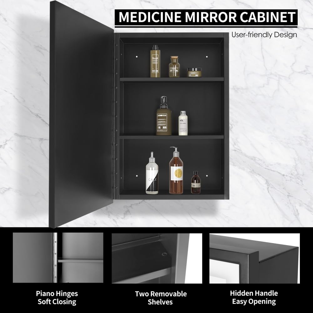 Movo 20 inch x 26 inch Medicine Cabinet Mirror,Black Mirror Medicine cabinets for Bathroom, Recessed or Surface Mount Bathroom Medicine Cabinet with Beveled Mirror