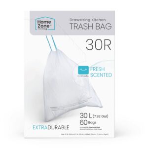 home zone living 8 gallon kitchen trash bags with drawstring handles, heavy duty custom fit design for 30 liter dual recycling liners, code 30r, 60 count