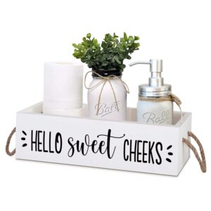 guokoko hello sweet checks wooden 2 sides bathroom decor box toilet tank paper basket with rope handle, back of toilet storage organizer for bathroom tank topper counter, white bathroom decor box