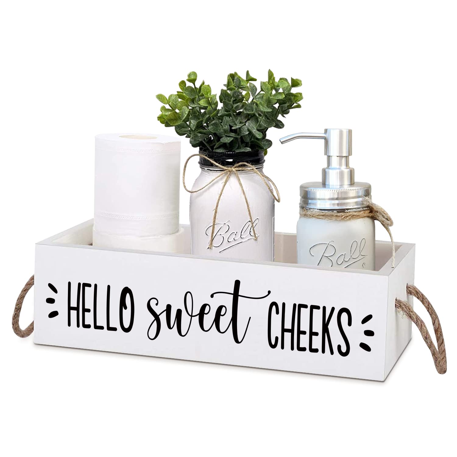 Guokoko Hello Sweet Checks Wooden 2 Sides Bathroom Decor Box Toilet Tank Paper Basket with Rope Handle, Back of Toilet Storage Organizer for Bathroom Tank Topper Counter, White Bathroom Decor Box