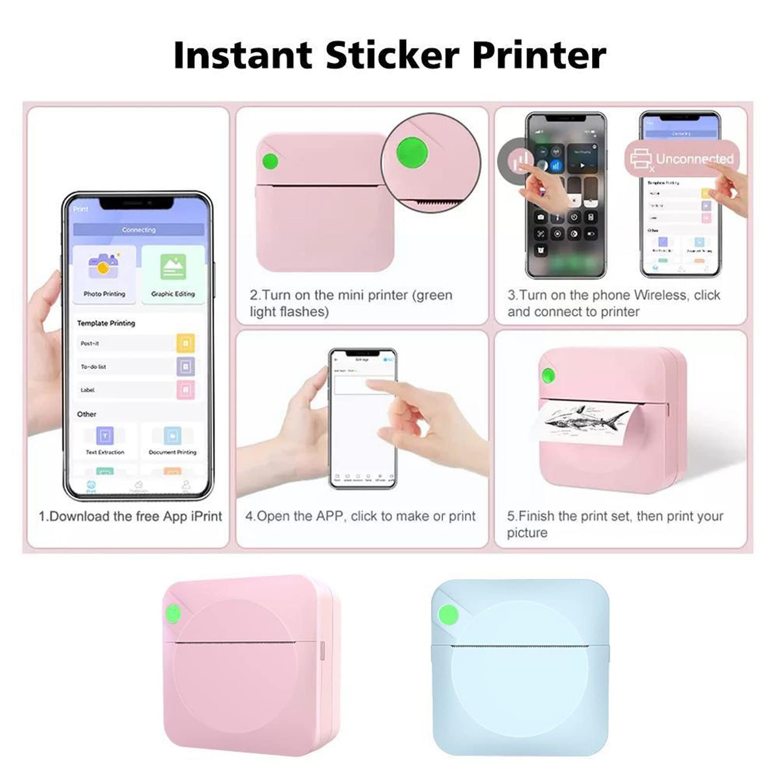 TVAIGER Mini Pocket Printer, Thermal Sticker Printer with 6 Rolls Printing Paper, Bluetooth Photo Printer for DIY Scrapbook, Text Memo, Notes, Office Receipt Printing (Pink)