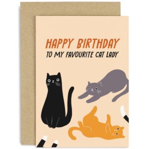 old english co. happy birthday favourite cat lady birthday card - funny birthday card for mum, sister, auntie, friend - hilarious cat greeting card for women | blank inside with envelope