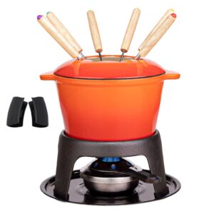 mabeeze cast iron fondue set for cheese, chocolate or meat - includes enameled 1.6 qt pot, 6 fondue forks, burner, stand, base and mitts