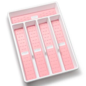 joequality silverware organizer with icons，plastic cutlery silverware tray for drawer，utensil flatware tableware organizer for kitchen with non-slip tpr,fits standard drawer,5-compartment,pink