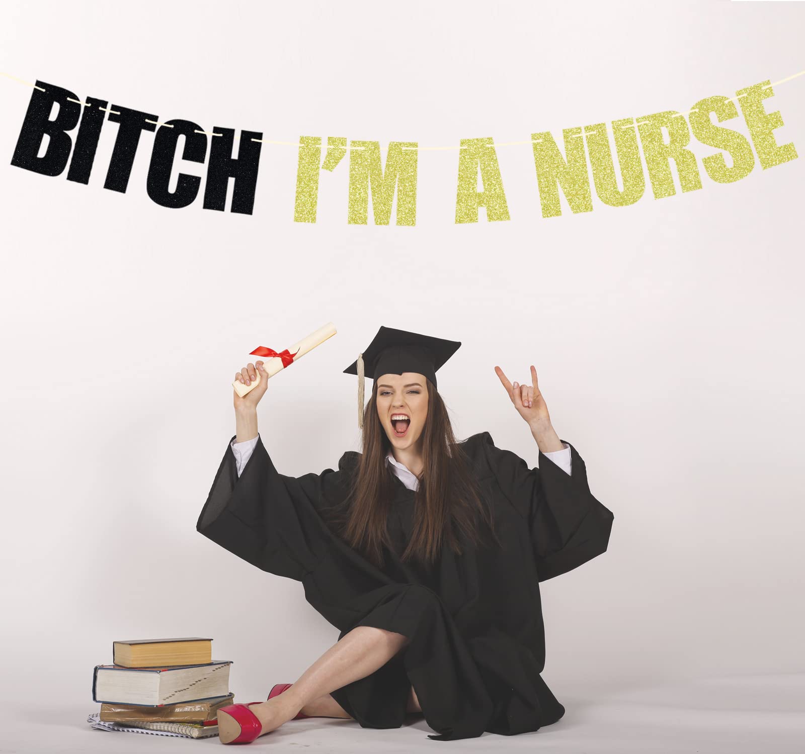 I'm a Nurse Banner, Future Nurse, Nursing School Graduation Decorations 2024, Funny Class of 2024 Nurse Grad Party Decorations Black and Gold Glitter