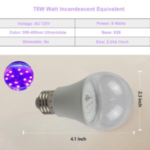 LED Black Lights Bulb, 9W A19 Led Bulb (75Watt Equivalent), UVA Level 380-400nm, E26 Medium Base 120V, Glow in The Dark for Blacklights Party, Body Paint, Fluorescent Poster- 4 Pack