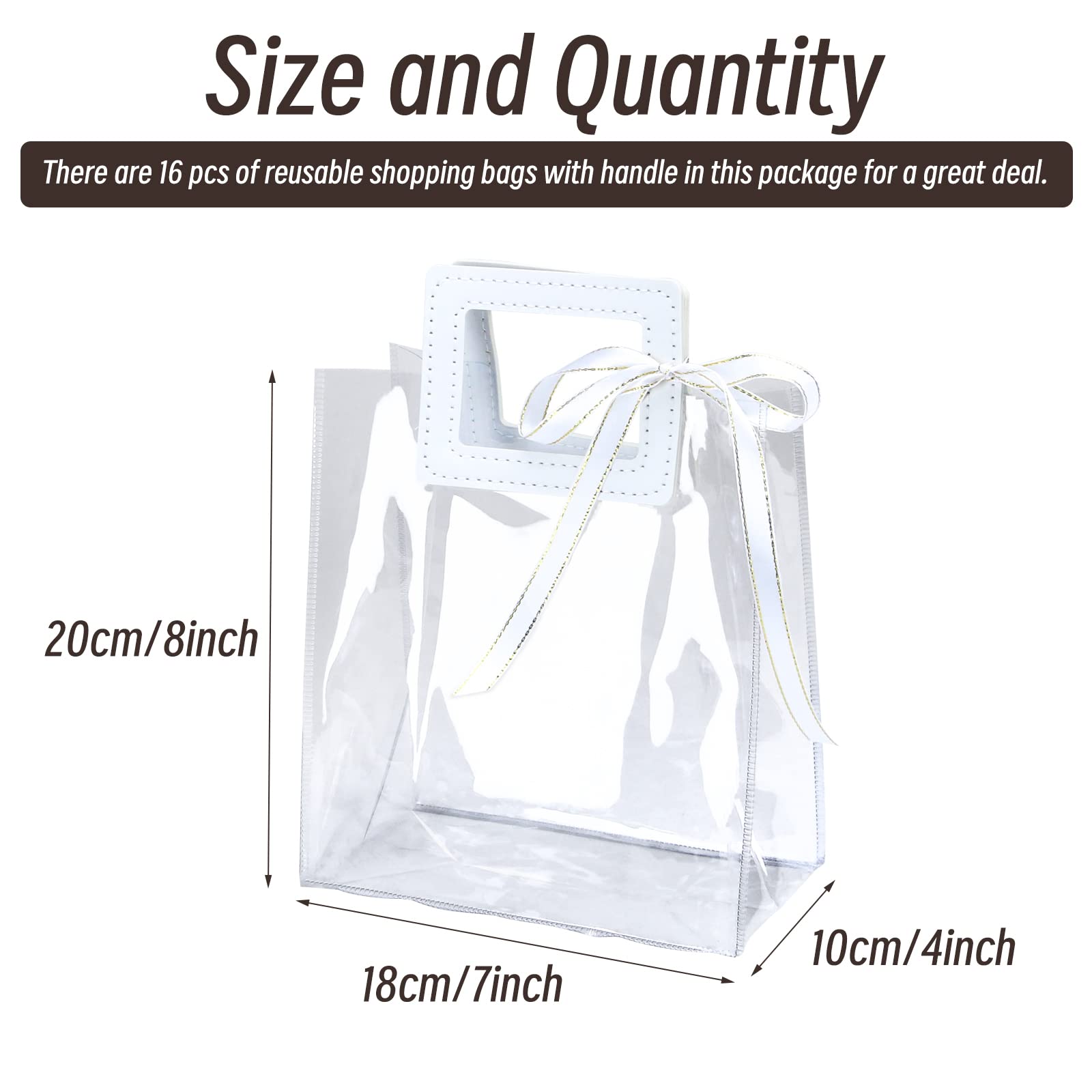 CZWESTC 16 Pack 7 x 8 x 4 Clear Plastic Gift Bags with Handle,Reusable Transparent PVC Plastic Gift Wrap Tote Bag Heavy Duty Gift Wrap Bags (White)