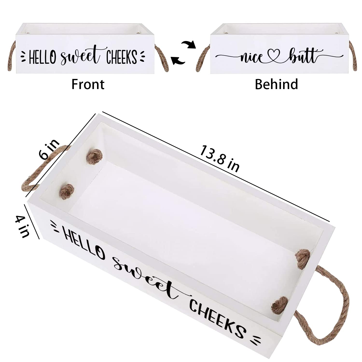 Guokoko Hello Sweet Checks Wooden 2 Sides Bathroom Decor Box Toilet Tank Paper Basket with Rope Handle, Back of Toilet Storage Organizer for Bathroom Tank Topper Counter, White Bathroom Decor Box