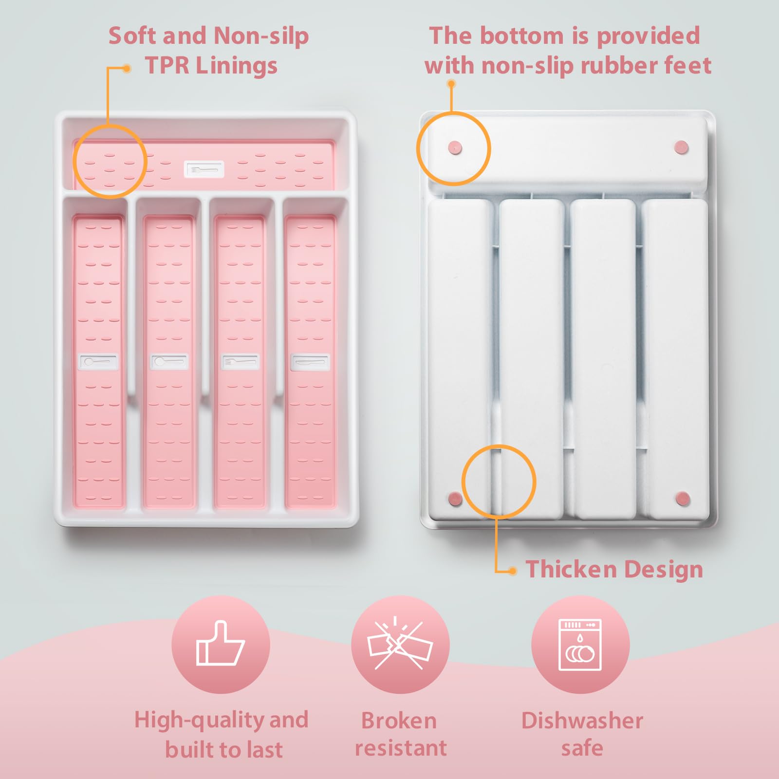 Joequality Silverware Organizer with Icons，Plastic Cutlery silverware Tray for Drawer，Utensil Flatware Tableware Organizer for Kitchen with Non-slip TPR,Fits Standard Drawer,5-Compartment,Pink