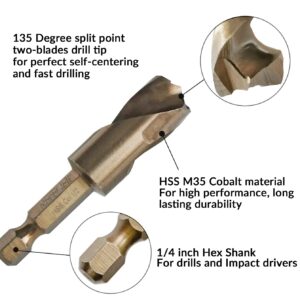 NordWolf 1/2" M35 Cobalt Stubby Drill Bit for Stainless Steel, Hard Metals & Cast Iron, with 1/4" Hex Shank for Quick Chucks & Impact Drivers