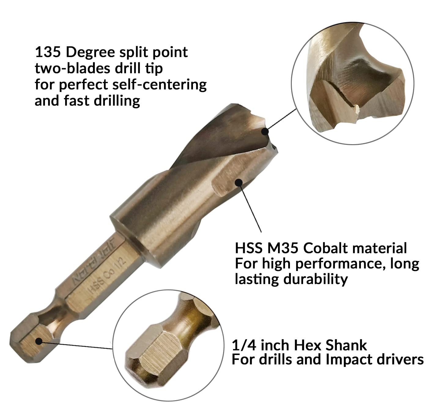 NordWolf 1/2" M35 Cobalt Stubby Drill Bit for Stainless Steel, Hard Metals & Cast Iron, with 1/4" Hex Shank for Quick Chucks & Impact Drivers