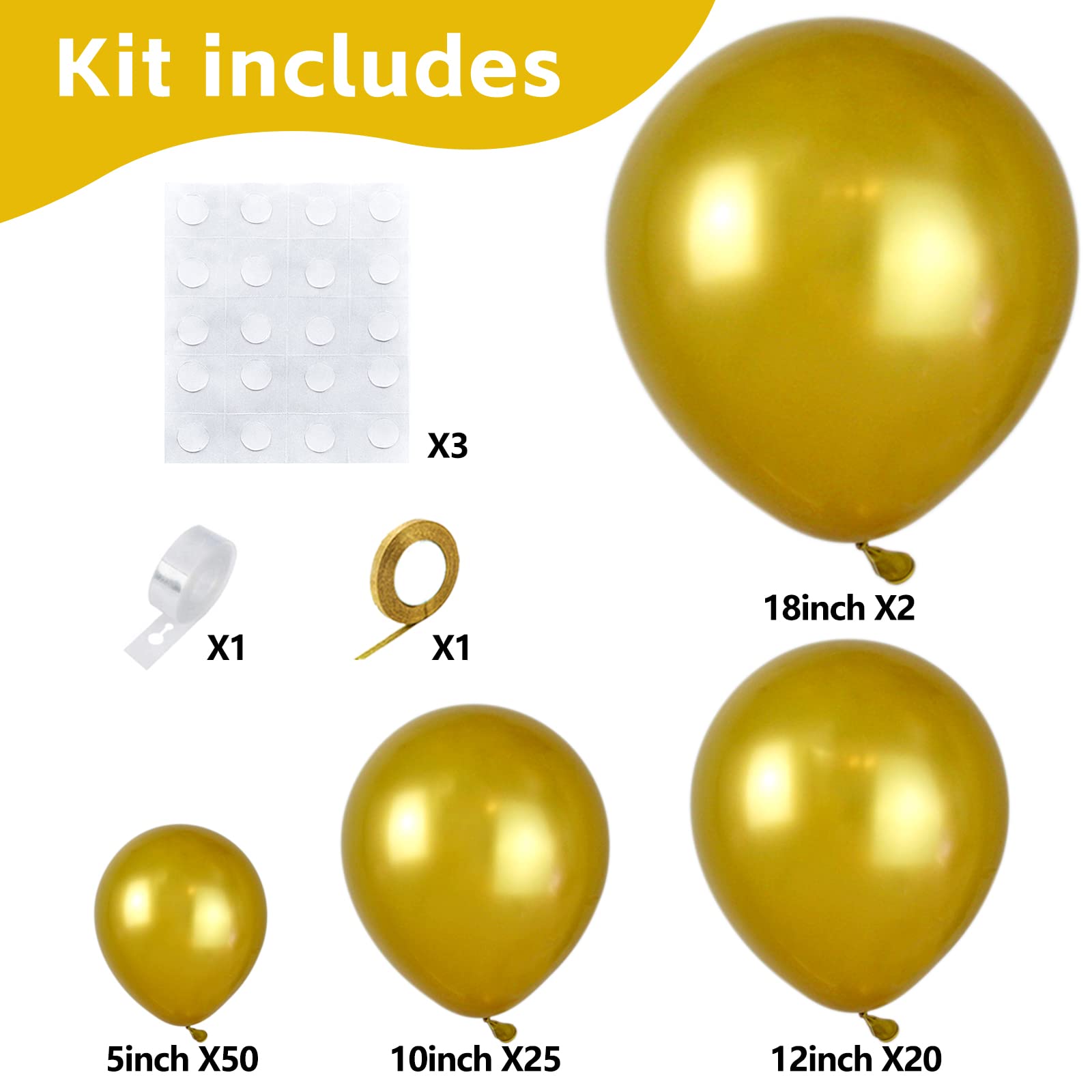 Metallic Gold Balloon Garland Arch Kit, 102pcs 5/10/12/18 inch Chrome Gold Latex Balloons Different Sizes Pack for Birthday Graduation Baby Shower Wedding New Year Party Decorations