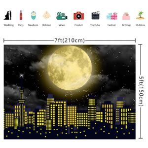 Super City Superhero Backdrop for Photography 7x5FT Yellow Full Moon Skyline Cityscape Theme Photo Background Baby Shower Boys Birthday Party Cake Table Decoration Banner Props (84x60 inch)