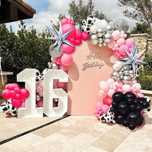 Western Cowgirl Balloon Garland Decorations, 98pcs Hot Pink Rose Red Silver Star Cow Balloon Arch with 4D Disco Ball for Bachelorette Party, 80s 90s Disco Party Birthday Baby Shower Decor