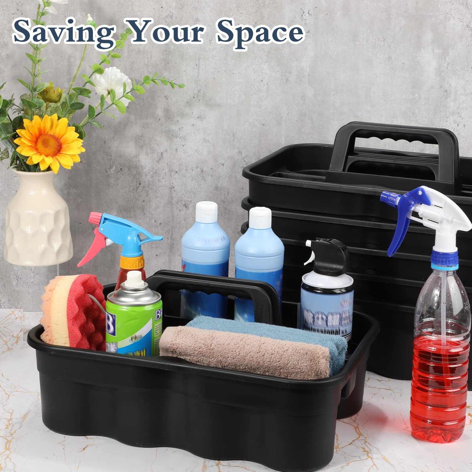 Wesiti 6 Pcs Cleaning Tool Carry Caddy with Handle Plastic Shower Basket Caddy Storage Boxes Cleaning Supplies Organizer for Spray Bottles Brush Sponge Home Office, Black