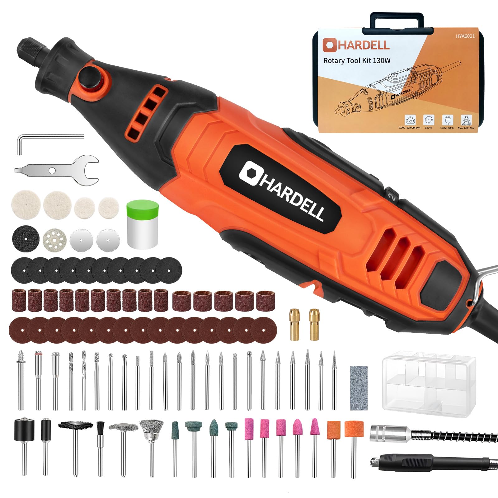 HARDELL Rotary Tool Kit, 130w Rotary Tool with 95 Pcs Accessories,Flex Shaft, 6 Variable Speed for Crafting Projects and DIY Creations,Cutting,Polishing,Sanding,Curving,Drilling