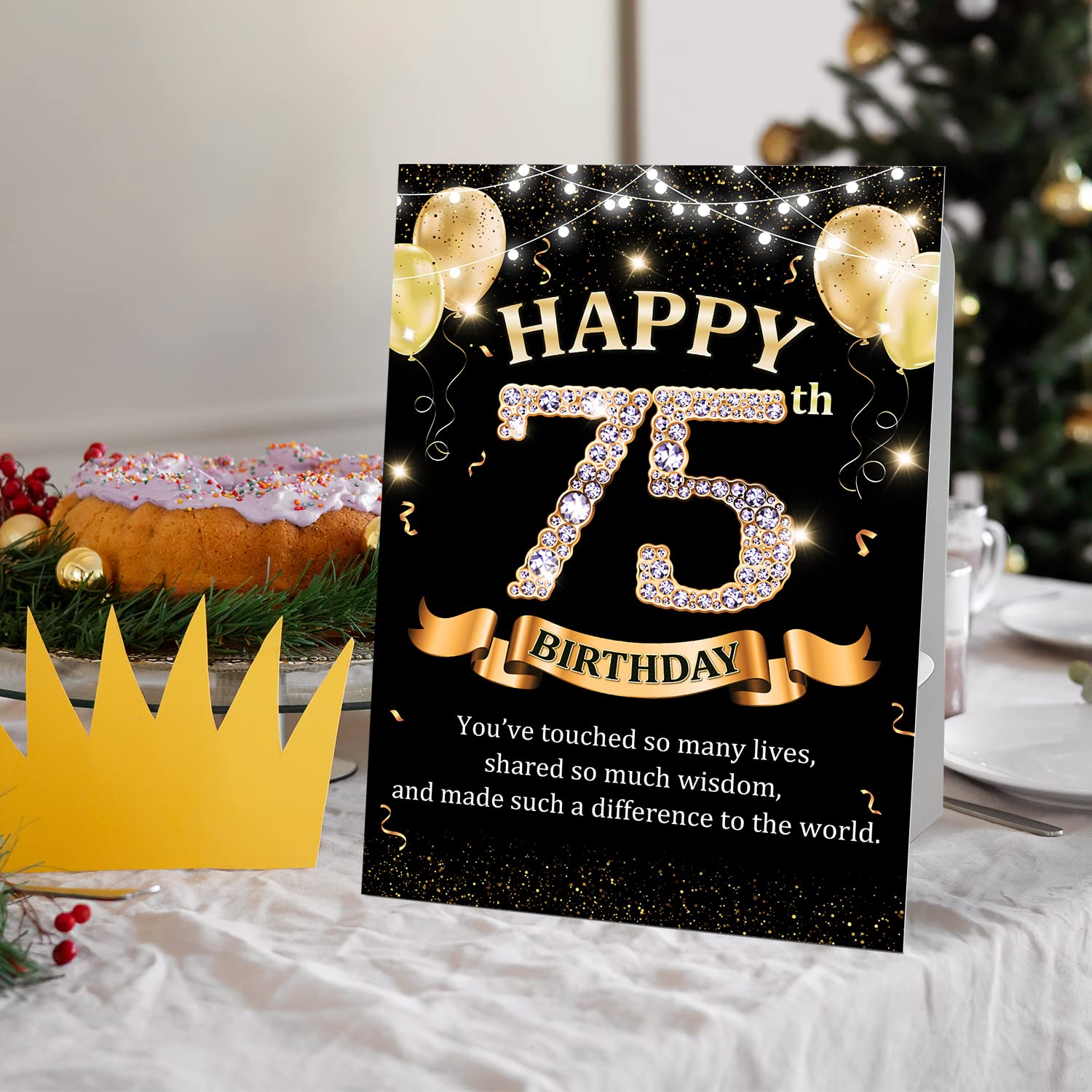 CMHIE 75th Birthday Party Signs with Paper Holder - Black Gold 75 Year Birthday Party Table Signs Decorations for Happy Birthday Party Activities Celebration Reception Table Supplies - dangold14