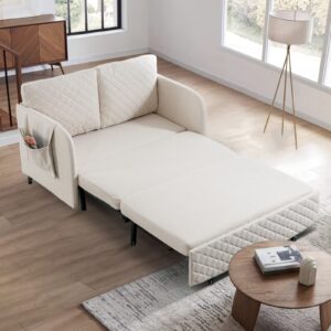 antetek sleeper sofa bed, 46-inch modern linen loveseat sleeper sofa couch with pull-out bed, small love seat sofa single bed with a detachable side pocket for living room, office, beige