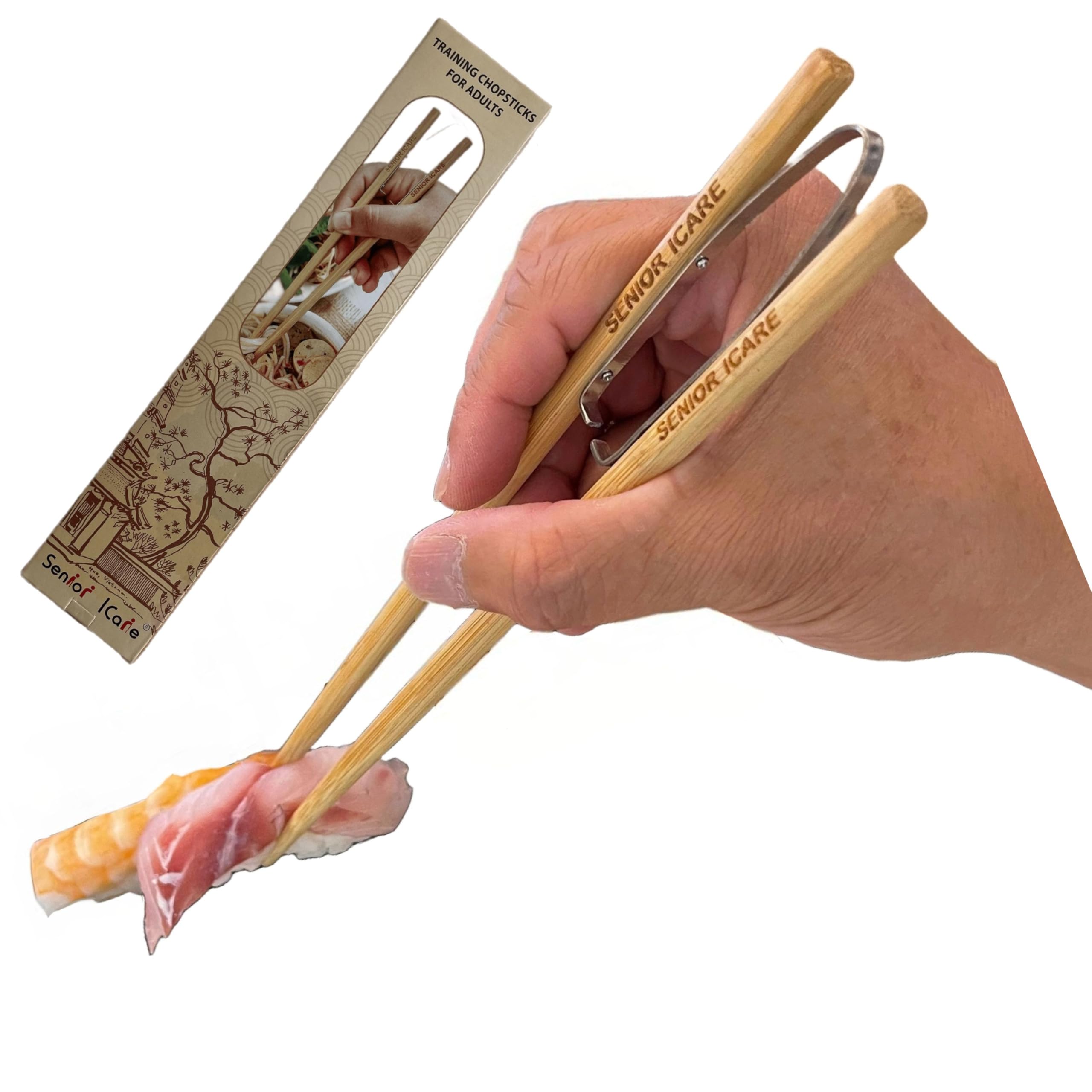 Chopsticks for Beginners - Wood Training Chopsticks for Adults, Japan Design Practice Chopsticks Adult, Easy to Use Chopstick Trainer for Adults, Dishwasher Safe, Made in Vietnam by Senior ICare