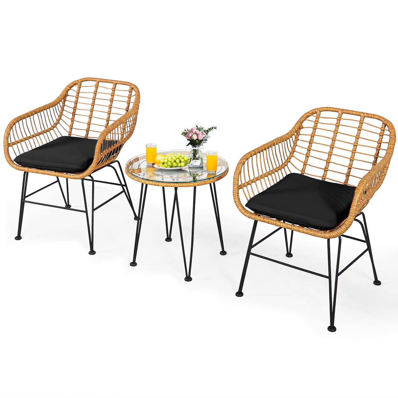 DORTALA 3 Pieces Patio Conversation Set, Rattan Leisure Chairs & Round Glass Tea Table Set, Indoor Outdoor Wicker Bistro Furniture Set with Cushions for Balcony, Poolside (Black)